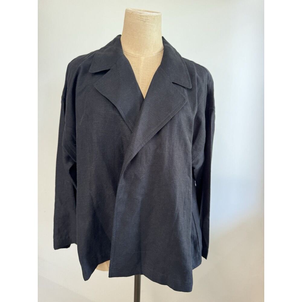 NWT Eileen Fisher black soft Linen shirt Blouse cover button roll up slv SIZE PM